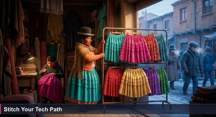 La Paz market pollera shop at dawn with ten colorful skirts on a front rack and an apprentice sewing in the shadowed back, symbolizing visible choices and hidden work.