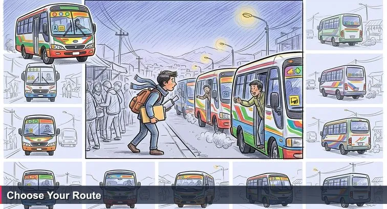 Dusk at La Ceja, El Alto: crowded minibuses with handwritten destination signs, an anxious young developer with a backpack and rolled CV deciding which bus to board