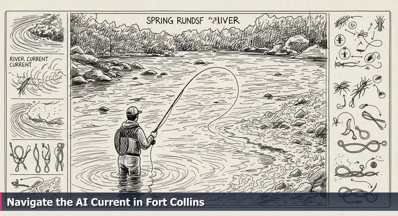 A fly fisher stands calmly in an eddy of the churning Poudre River during spring runoff in Fort Collins, representing navigating the AI career landscape.