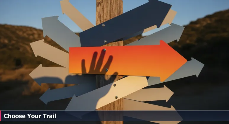 A close-up of a trailhead sign in Fort Collins with arrows pointing to easy and hard hikes, and a hiker's finger hesitating, symbolizing career choices.