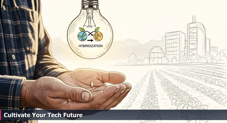 A gardener's hands planting a hybrid seed in rich soil at dawn, with a modern research campus in the background, symbolizing Fort Collins' cultivated tech ecosystem.