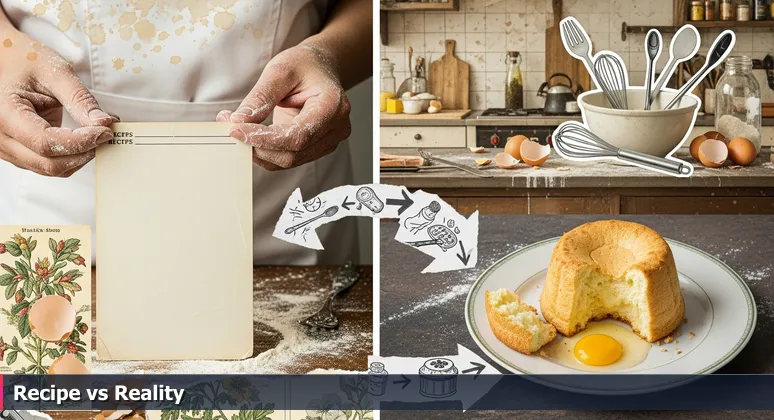 A cook's hands holding a recipe card next to a collapsed soufflé, symbolizing the gap between AI skills and real-world systems in Fort Collins tech careers.