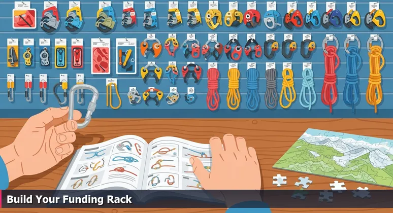 Hands holding a carabiner in a climbing shop with a wall of diverse gear, representing the challenge of funding tech education in Fort Collins.