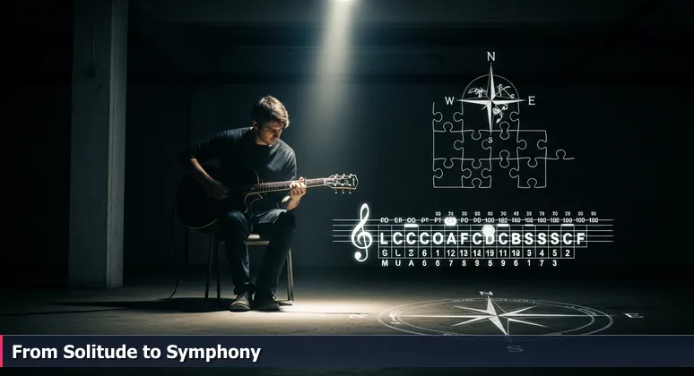 AI professional in Fort Collins transitioning from solitary study to community networking, with musical metaphors of rehearsal and performance in a tech hub setting.