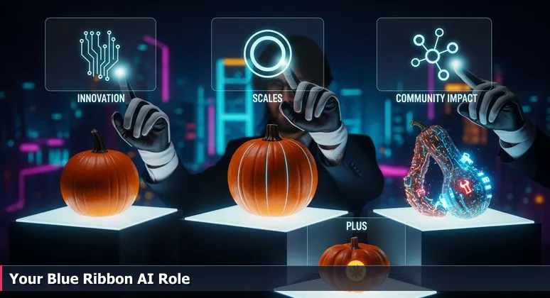 Three judges at Larimer County Fair scoring pumpkins with sheets labeled Innovation, Scale, and Community Impact, symbolizing diverse criteria for AI jobs in Fort Collins.