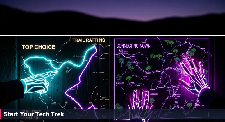 A wooden trailhead kiosk in Colorado's foothills with maps symbolizing tech career paths in Fort Collins, showing popular and alternative routes.