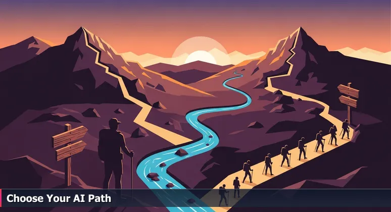 A hiker at dawn in Horsetooth Mountain foothills, facing wooden signs that symbolize choosing an AI bootcamp in Fort Collins, Colorado.