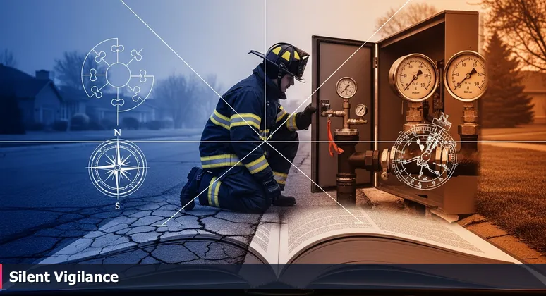 A firefighter checks water pressure gauges on a quiet Fort Collins street at dawn, symbolizing the silent vigilance of cybersecurity professionals.