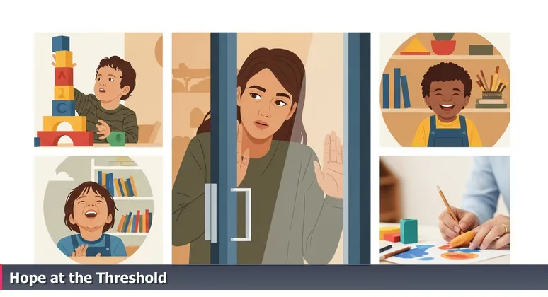 A tech entrepreneur standing at the glass door of a modern coworking space in Fort Collins, looking into a vibrant scene of professionals collaborating and working on laptops.