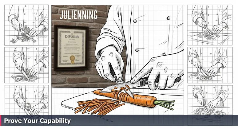 Skilled hands precisely cutting vegetables in a kitchen, with a blurred diploma on the wall, symbolizing practical expertise valued in Fort Collins' tech job market.