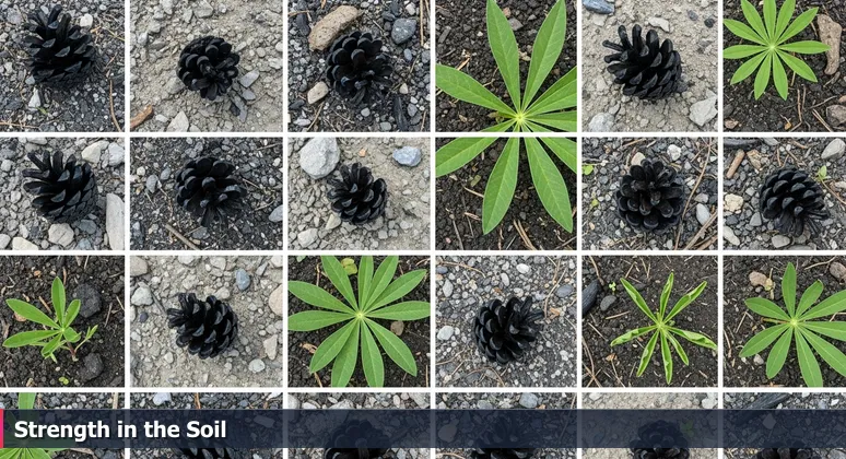 Close-up of Poudre Canyon forest floor with charred pine cones and ash, bright green fireweed and lupine seedlings emerging, symbolizing resilience in Fort Collins' women-in-tech community.
