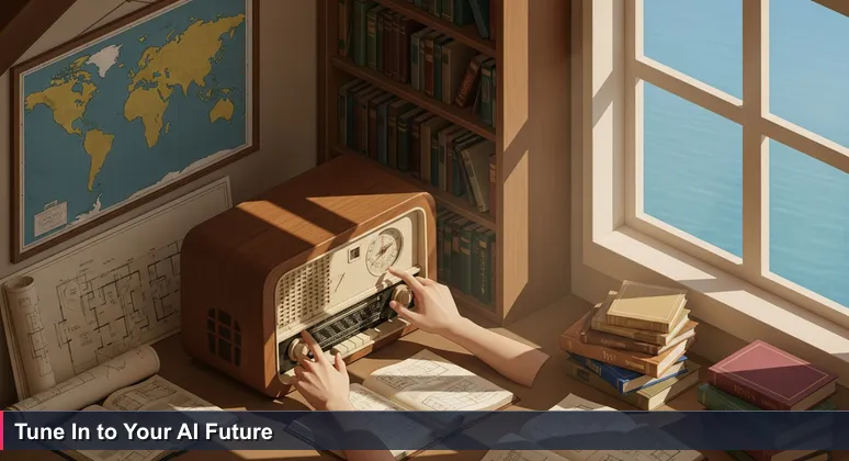 A hand adjusts the dial on an old radio, with a view of the Pacific Ocean through a window, symbolizing Nauru's connection to global AI opportunities.