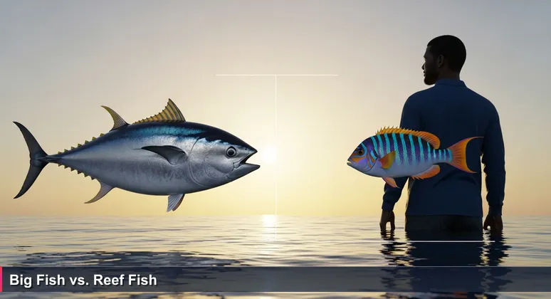A Nauruan fisherman at dawn on the coastline holds a large tuna and a small reef fish, symbolizing the choice between high-paying remote tech jobs and vital local infrastructure roles in 2026.