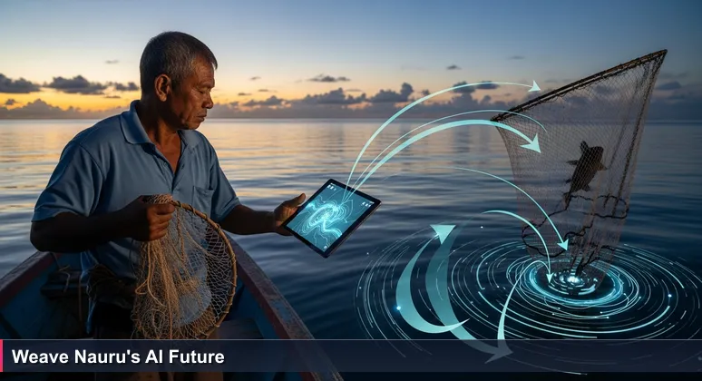 A weathered fisherman in Nauru at sunrise, holding a digital tablet and a traditional fishing net on a small boat, symbolizing blending technology with local knowledge