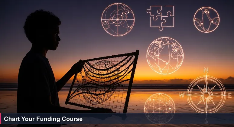 A young Nauruan on a shoreline at dusk, holding a traditional stick and shell navigation chart while gazing at the horizon, symbolizing the search for tech training funding pathways.