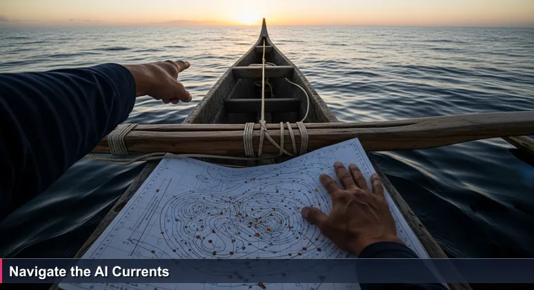 A weathered outrigger canoe at dawn on the Pacific Ocean, with a navigator's hand pointing at sunlight on water, symbolizing finding direction in AI networking in Nauru.