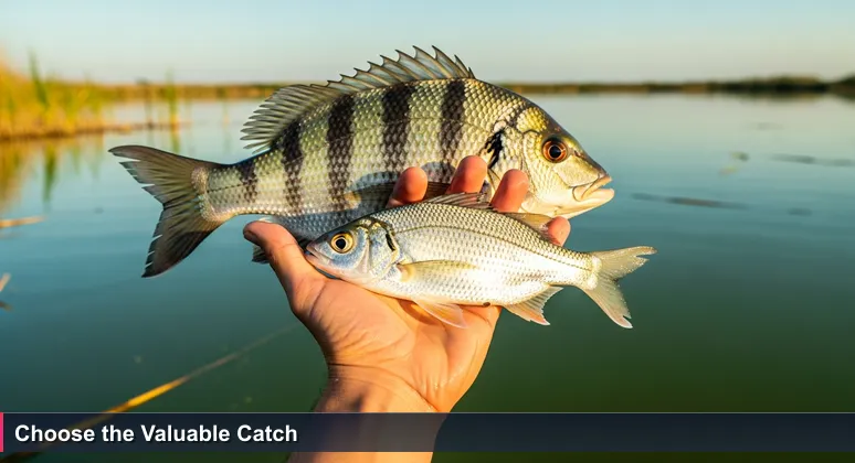 A weathered hand holds two fish in Nauru's Buada Lagoon, symbolizing the choice between flashy but less valuable and practical, nourishing AI bootcamp options.