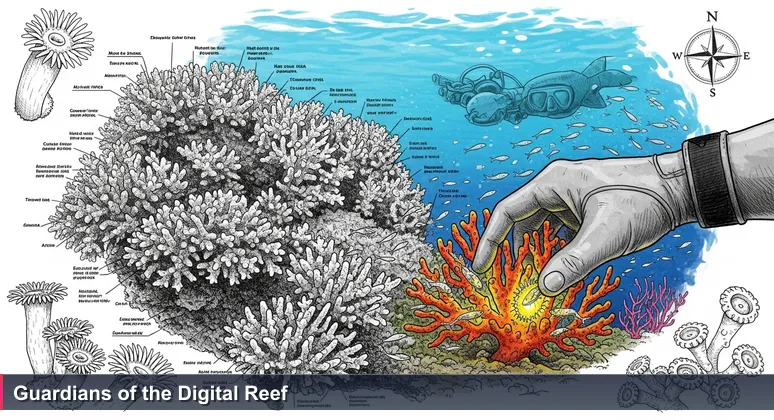 Close-up of a diver's hand on a colorful coral reef, symbolizing Nauru's interconnected cybersecurity landscape.