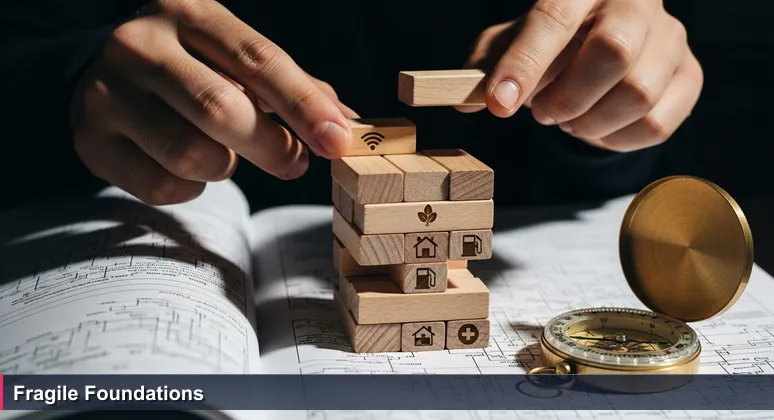 Hands removing a Jenga block from a tower labeled with essential costs like internet, rent, and groceries, depicting the fragile budget of tech life in Nauru.