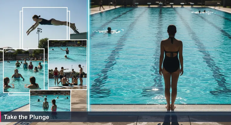 A diverse group at a Nauru public pool, with one person hesitating to dive in, symbolizing free tech training opportunities in community centres.