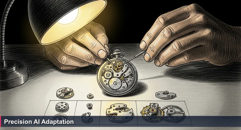 Close-up of a watchmaker's hands adjusting intricate gears inside a pocket watch under a single lamp, symbolizing the precision adaptation of AI in Nauru's industries for local impact.