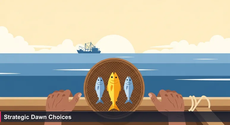 A close-up of a Nauruan fisherman's hands on an outrigger canoe at dawn, carefully selecting fish from a woven basket with the vast Pacific Ocean horizon in the background.