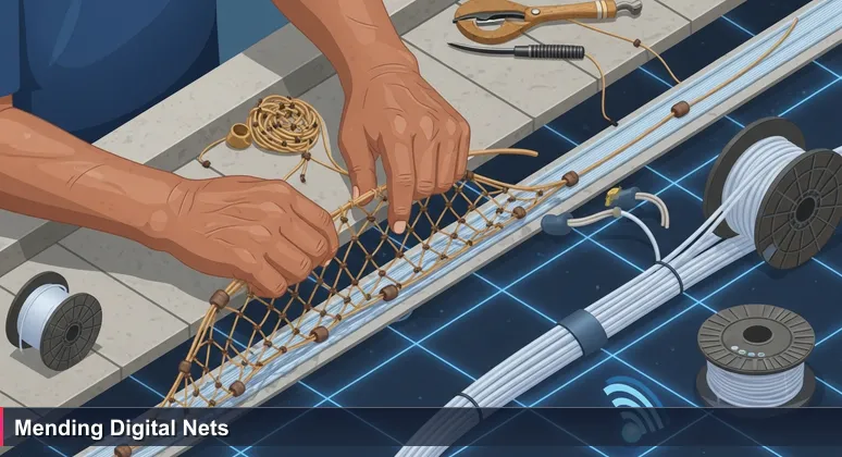 Close-up of hands mending a fishing net with fiber-optic cables in the background on a Nauru jetty, symbolizing traditional skills meeting modern technology.