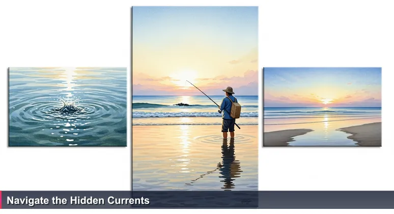 A fisher in Anibare Bay, Nauru, reading ocean currents at dawn, symbolizing the search for tech startup opportunities.