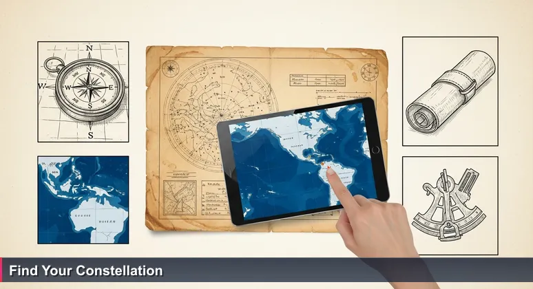 A weathered star chart over a modern tablet showing a Pacific map, with a finger pointing to Nauru, symbolizing tech career navigation for women.