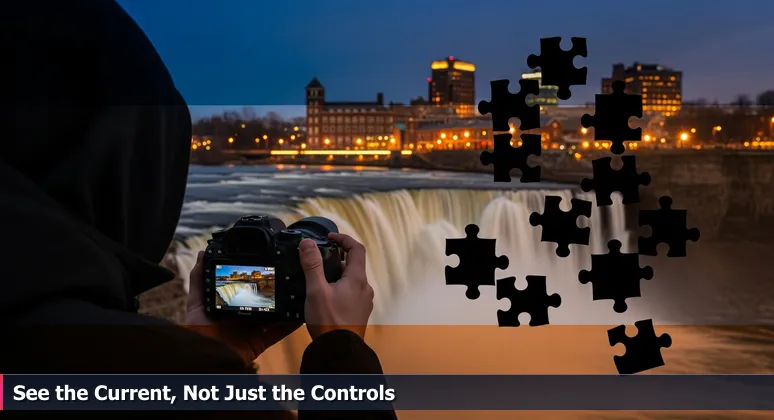 A frustrated tourist at Rochester's High Falls adjusts a high-end camera, with flat photos on screen, symbolizing the need for local AI career context in 2026.