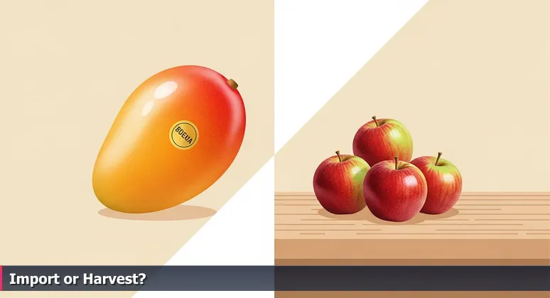 Close-up of hands holding an imported mango and a local apple on a sunlit kitchen table in Rochester, symbolizing tech career choices between high-paying remote jobs and stable local roles.