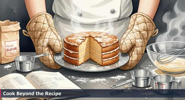 Hands pulling a sunken cake from an oven with an open recipe book, illustrating the challenge of mastering AI skills beyond basic instructions.