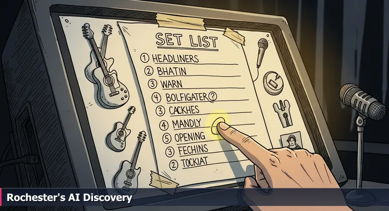 A handwritten music festival set list taped to a monitor, with a finger pointing to a circled AI startup name, symbolizing hidden talent in Rochester's tech scene.