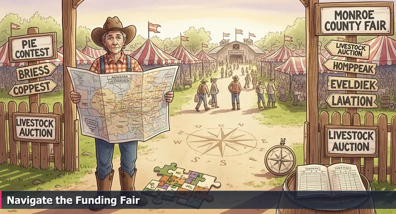 A person at the Monroe County Fair holding a map, overwhelmed by signs pointing to scholarships, grants, and tech training funding sources in Rochester, NY.