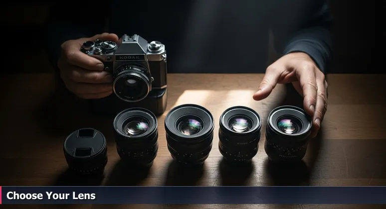 A photographer's workbench with a vintage Kodak camera and modern lenses, symbolizing career choices for AI engineers in Rochester.