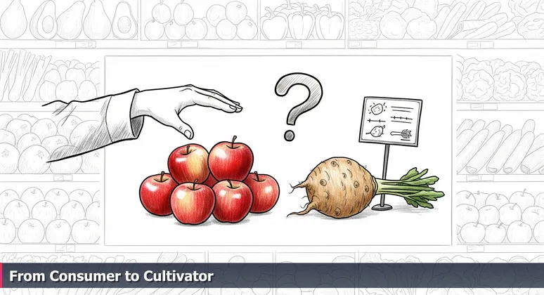 A person in a Wegmans supermarket aisle, hesitating between choosing apples and sunchokes, symbolizing career choice paralysis in Rochester's tech landscape.