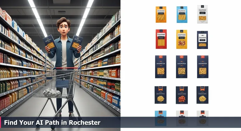 A person in a supermarket aisle looking confused while holding pasta boxes, symbolizing the overwhelming choice of AI bootcamps in Rochester, NY.