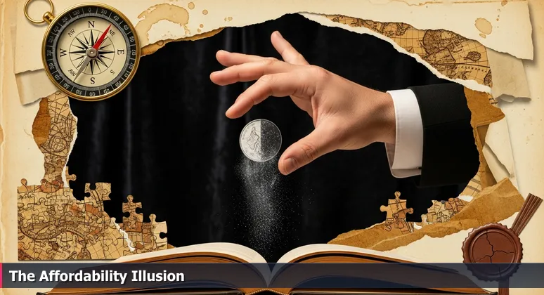 A magician's hand holds a coin half-vanished on dark velvet, symbolizing the illusion of Rochester's cost of living for tech professionals