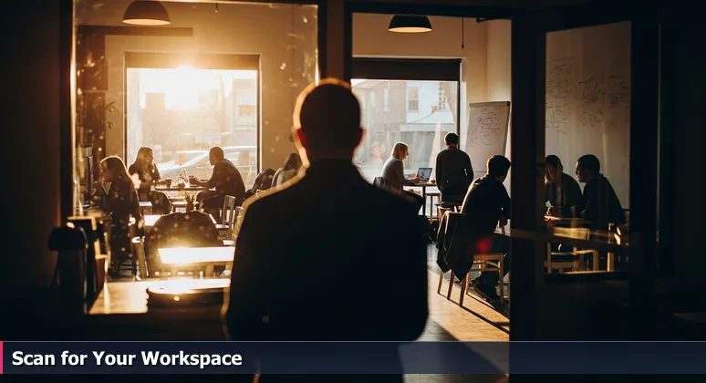 A tech professional hesitates at a coffee shop doorway, scanning quiet nooks and buzzing tables that represent Rochester's diverse coworking spaces in 2026.