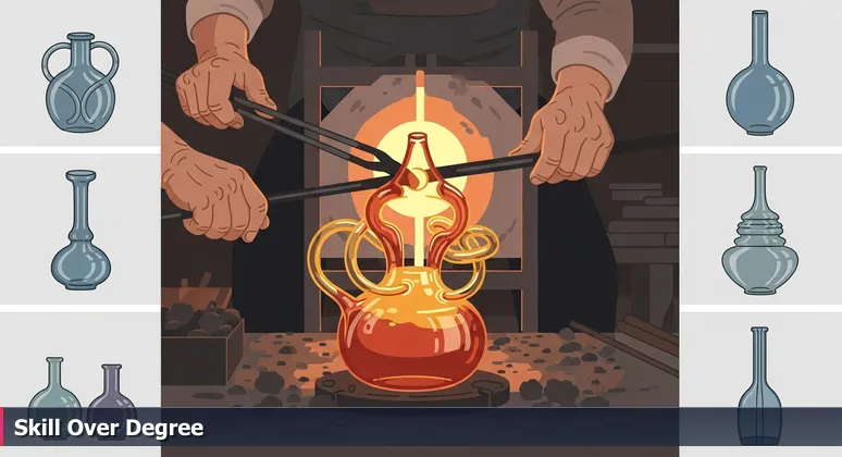 Close-up of skilled hands shaping molten glass in a Rochester studio, representing tech career building through practice not pedigree.