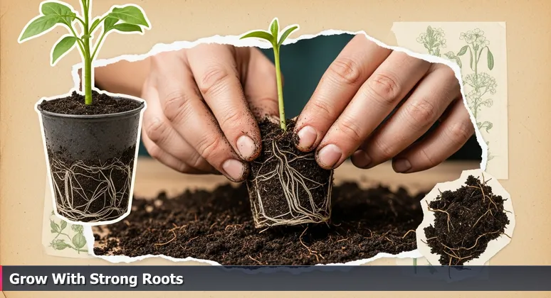 A close-up of a gardener's hands transplanting a young sapling into rich soil, symbolizing the nurturing of junior developer careers in Rochester's tech ecosystem.