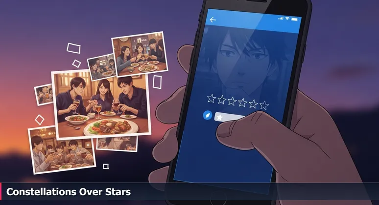 A person's hand holding a smartphone showing a 5-star rating app, with the screen reflecting their thoughtful expression at dusk.