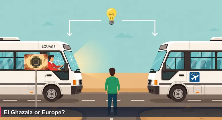 Louage station at dawn with two minibuses: one to El Ghazala Technopark, one to airport/Europe. A young professional stands between them, symbolizing the career crossroads of Tunisia's tech scene in 2026.