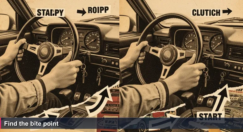 A frustrated driver stalls a manual car at a green light in Tunis, with an instructor sighing, symbolizing the struggle of learning AI engineering.