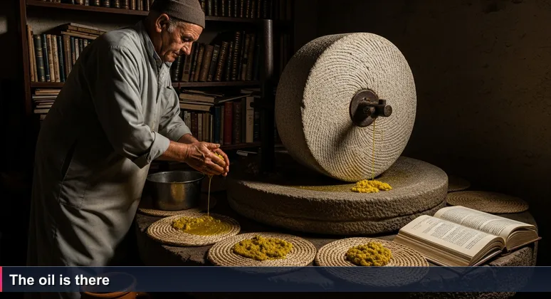 Elderly Tunisian farmer in traditional jebba tending a granite olive press in a dimly lit mâasra, golden oil drips into a clay jar.