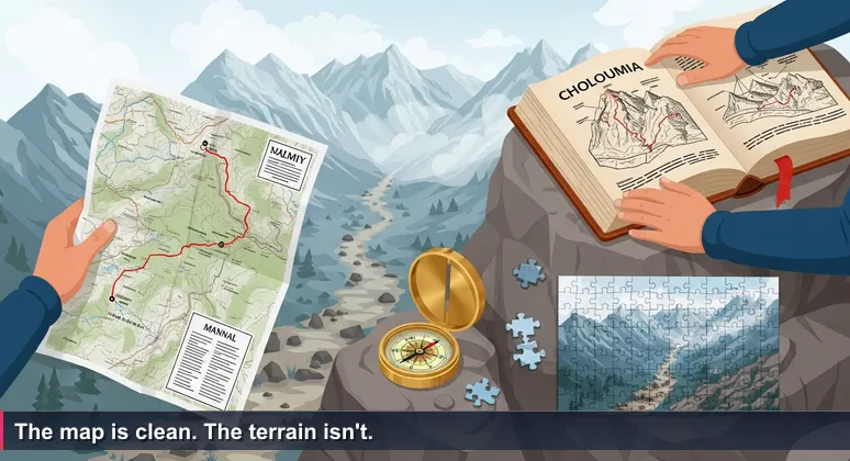 A hiker holding a topographical map stands at a trailhead where the path disappears into fog and rocky terrain, symbolizing the gap between salary data and real compensation.