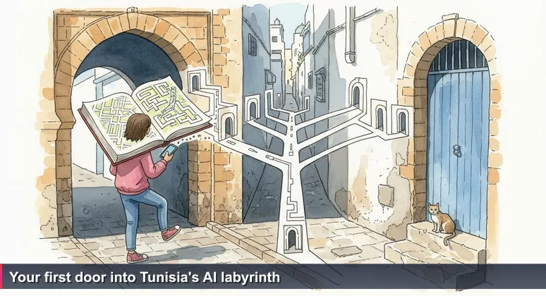 A young person stands at the threshold of Bab el Bahr in Tunis, one foot on the sunlit sidewalk and the other in the shaded medina, holding a phone showing a map pin, symbolizing entry into Tunisia's AI community.