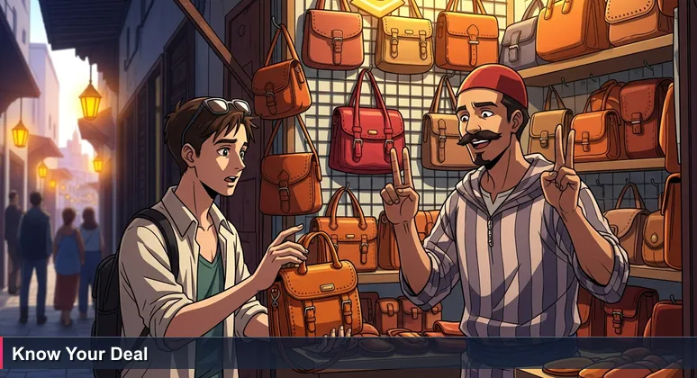 A Tunisian medina stall-keeper and a tourist negotiating over a leather bag, narrow alley with buzzing atmosphere