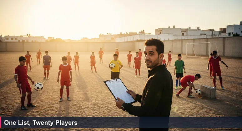 A football coach with a clipboard stands on a dusty Tunisian pitch at sunset, watching young players warm up, symbolizing the tough choices in ranking tech opportunities.