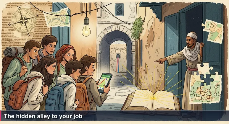 Young Tunisians in a narrow medina alley consult a smartphone map while a local shopkeeper gestures toward a hidden arched passage, symbolizing overlooked job opportunities.